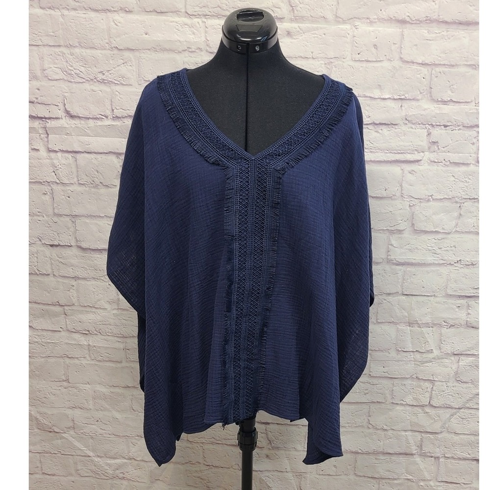 JM Collection Womens Navy Blue Gauze Crochet Trim Fringe‎ Poncho Blouse Size M